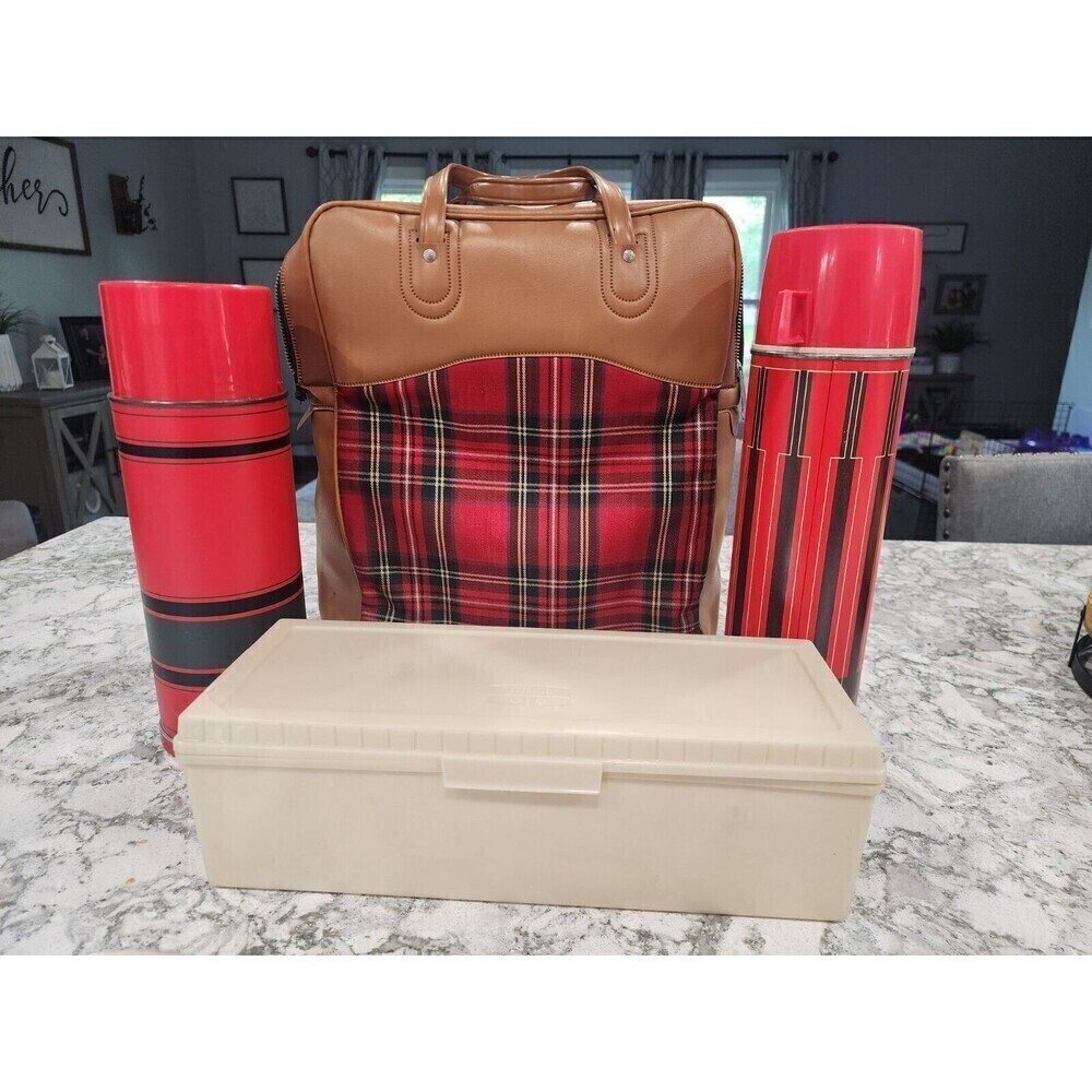Vintage Thermos Picnic Set With Red Plaid Carry Case - 2 Thermos with Lunch Box